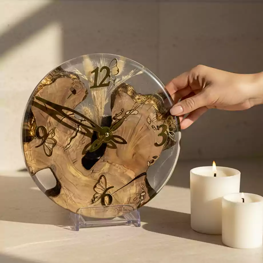 Epoksi Masa Saati | Ahşap Detaylı Dekoratif Premium Saat - Görsel 2