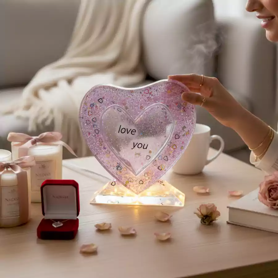 Epoksi Reçine Kalp LED Işıklı Masa Üstü Dekor - Görsel 2