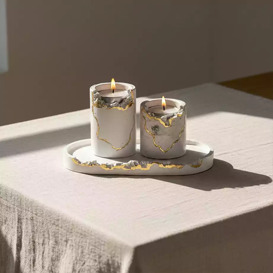 Gold Detaylı Dekoratif Mumluk ve Tepsili 2’li Mum - Görsel 4