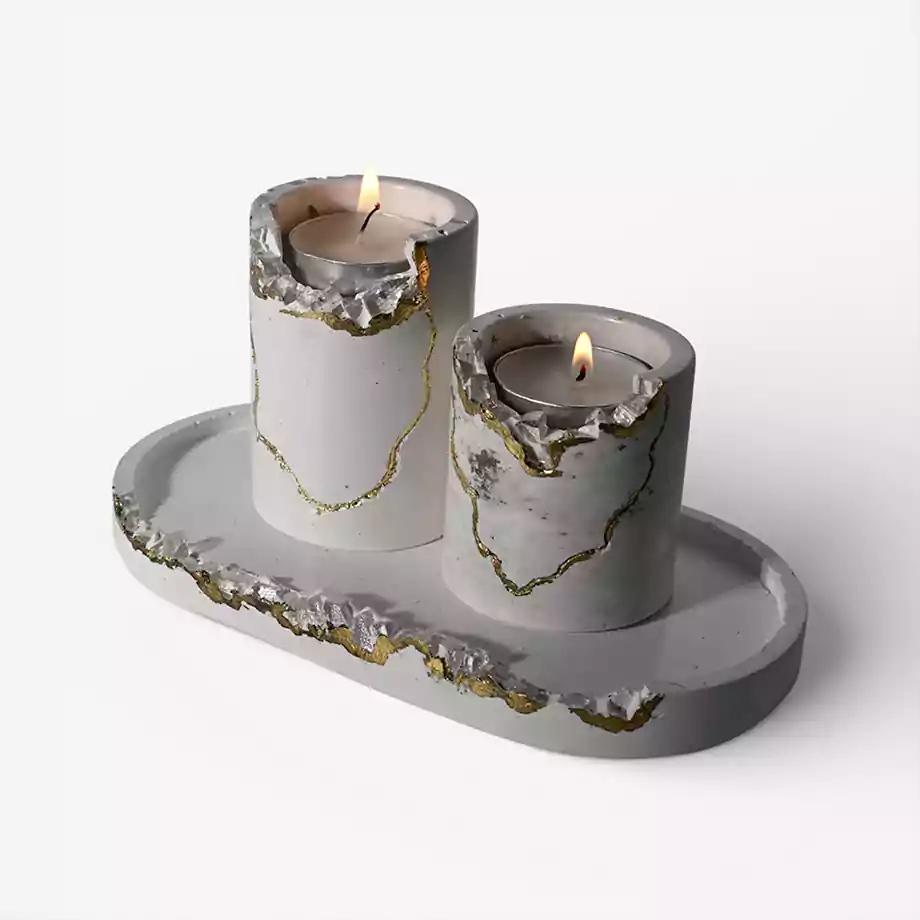 Gold Detaylı Dekoratif Mumluk ve Tepsili 2’li Mum - Görsel 10