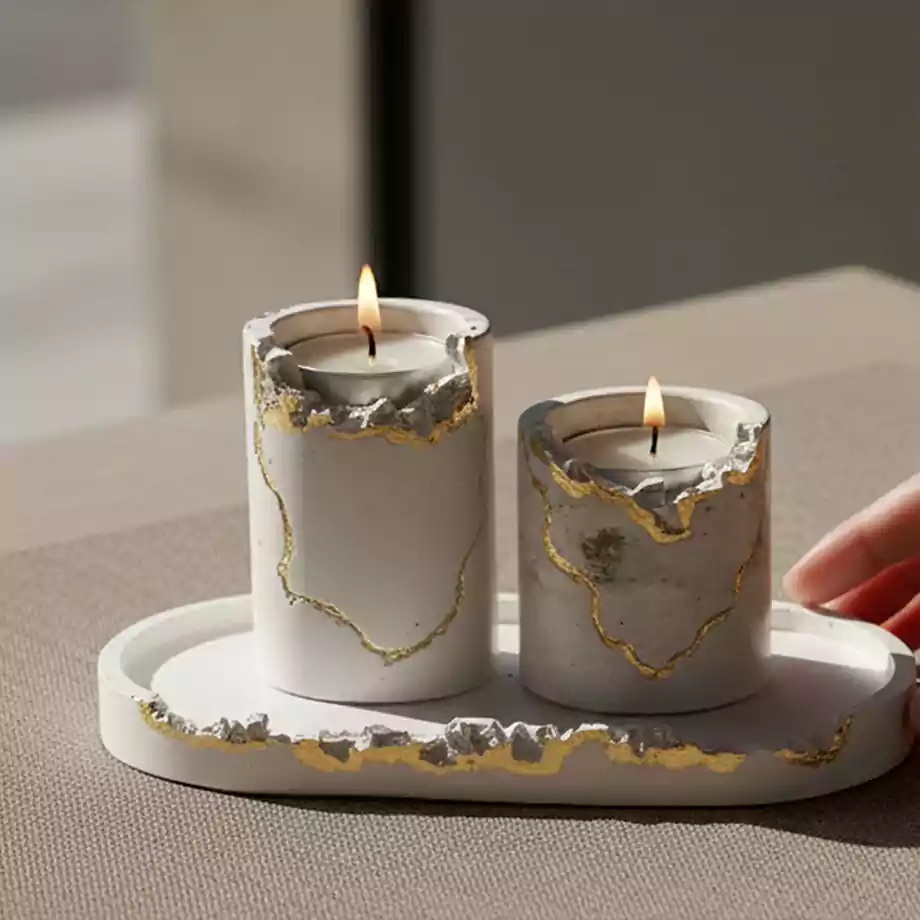 Gold Detaylı Dekoratif Mumluk ve Tepsili 2’li Mum - Görsel 3