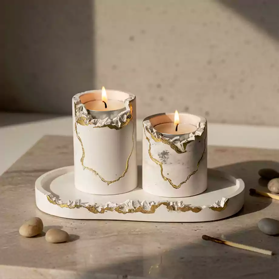 Gold Detaylı Dekoratif Mumluk ve Tepsili 2’li Mum - Görsel 9