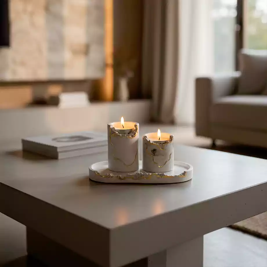 Gold Detaylı Dekoratif Mumluk ve Tepsili 2’li Mum - Görsel 8