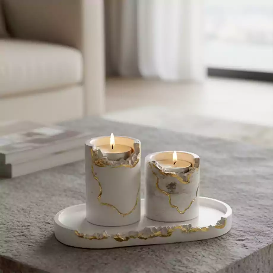 Gold Detaylı Dekoratif Mumluk ve Tepsili 2’li Mum - Görsel 7