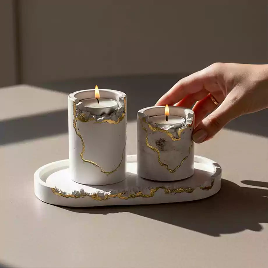 Gold Detaylı Dekoratif Mumluk ve Tepsili 2’li Mum - Görsel 6