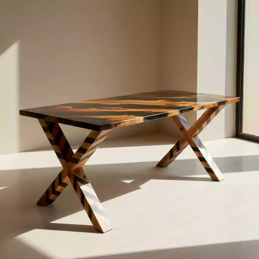 Masif Ahşap & Siyah Epoksi Masa - Görsel 2