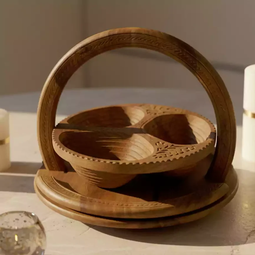 El Yapımı Ahşap Çerezlik & Sunum Seti | Kulplu, Bölmeli Servislik