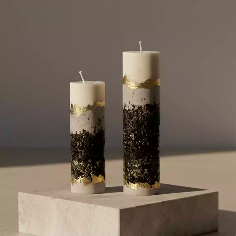El Yapımı Dekoratif Mum Seti | Taş Dokulu Silindir Mum (2’li) - Görsel 4