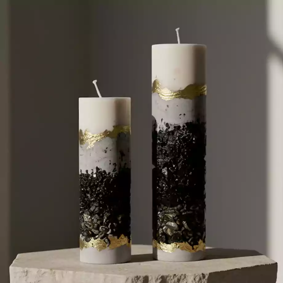 El Yapımı Dekoratif Mum Seti | Taş Dokulu Silindir Mum (2’li) - Görsel 3