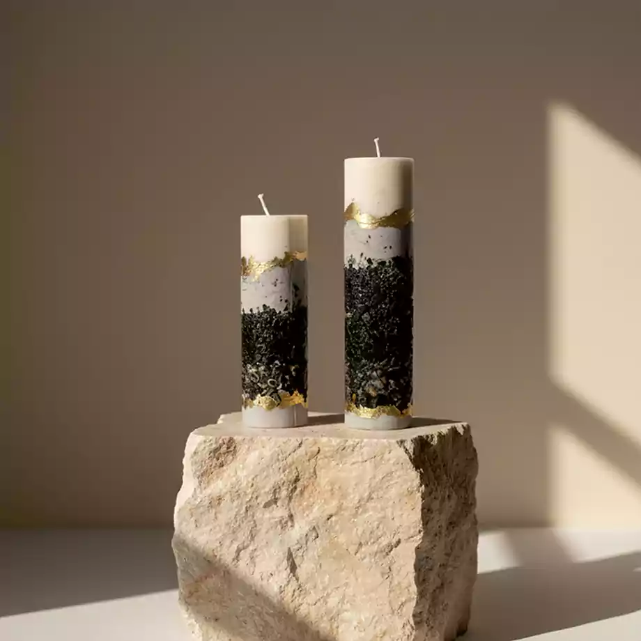 El Yapımı Dekoratif Mum Seti | Taş Dokulu Silindir Mum (2’li) - Görsel 2