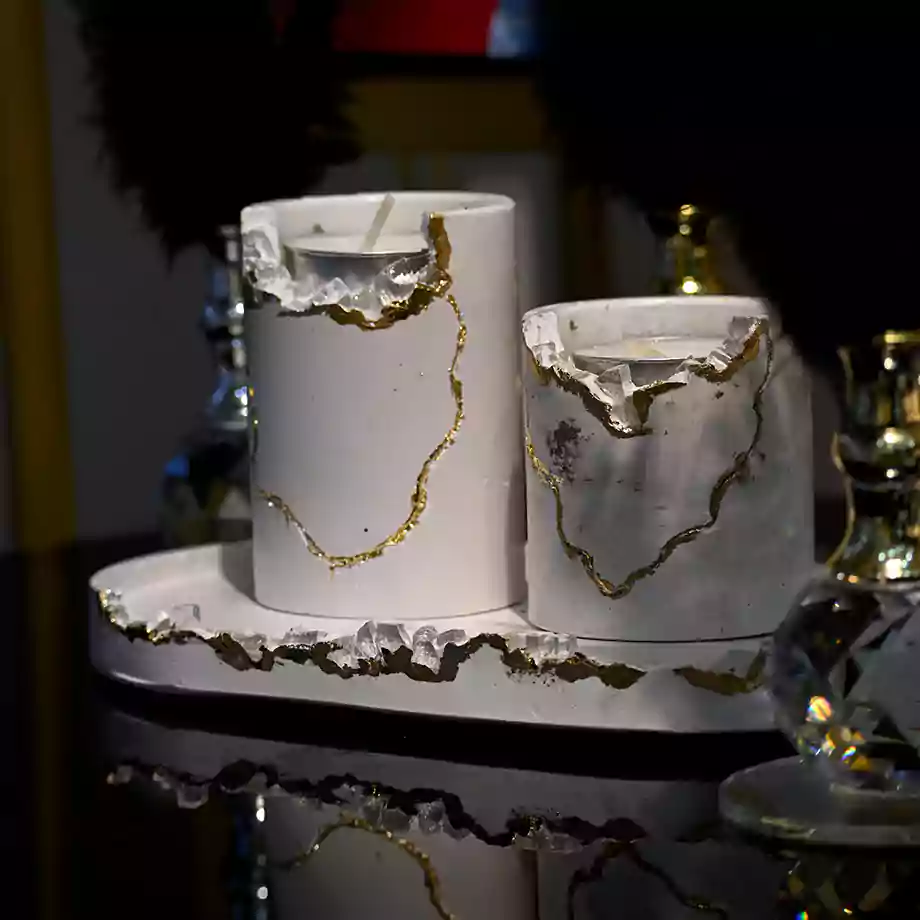 Gold Detaylı Beton Mumluk Seti Tepsili - Görsel 4