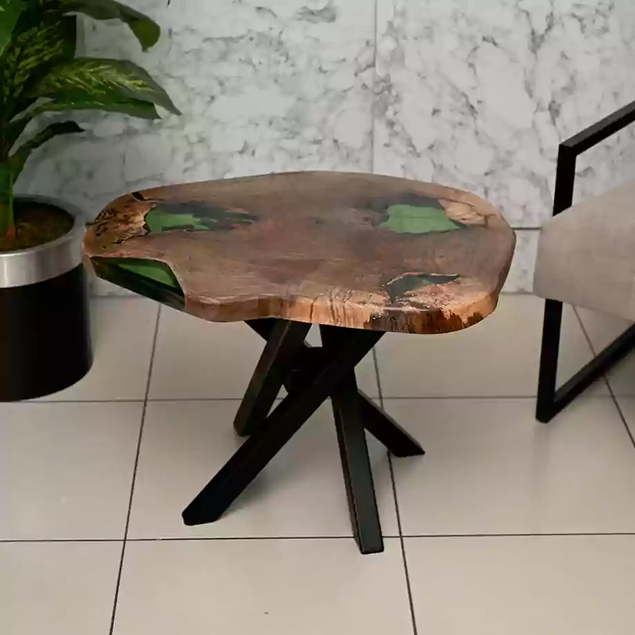 Yeşil Detaylı Doğal Ahşap Yan Sehpa - Görsel 2