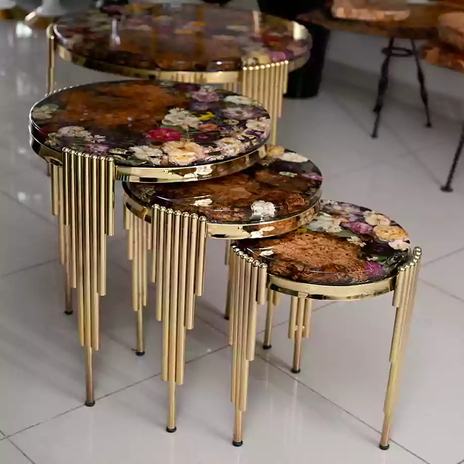 Gold Ayaklı Epoksi Zigon Sehpa Seti - Görsel 5