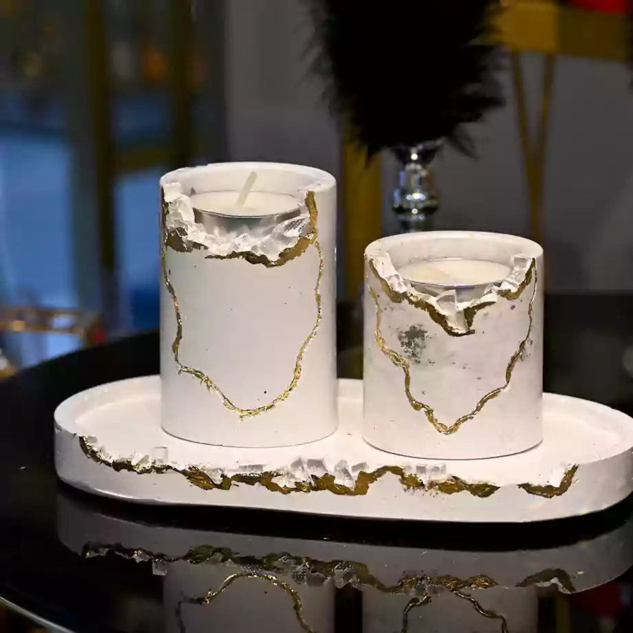 Gold Detaylı Beton Mumluk Seti Tepsili - Görsel 3