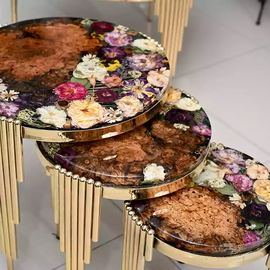 Gold Ayaklı Epoksi Zigon Sehpa Seti - Görsel 2