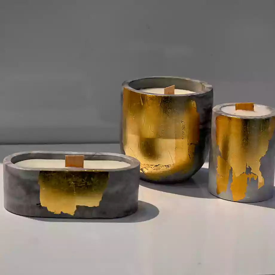 Gold Detaylı Beton Mum Seti Ahşap Fitilli - Görsel 3