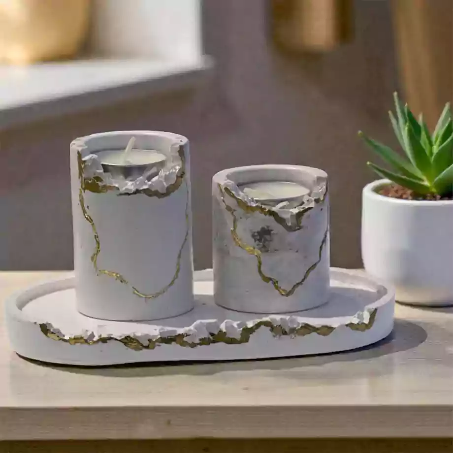 Gold Detaylı Beton Mumluk Seti Tepsili - Görsel 2