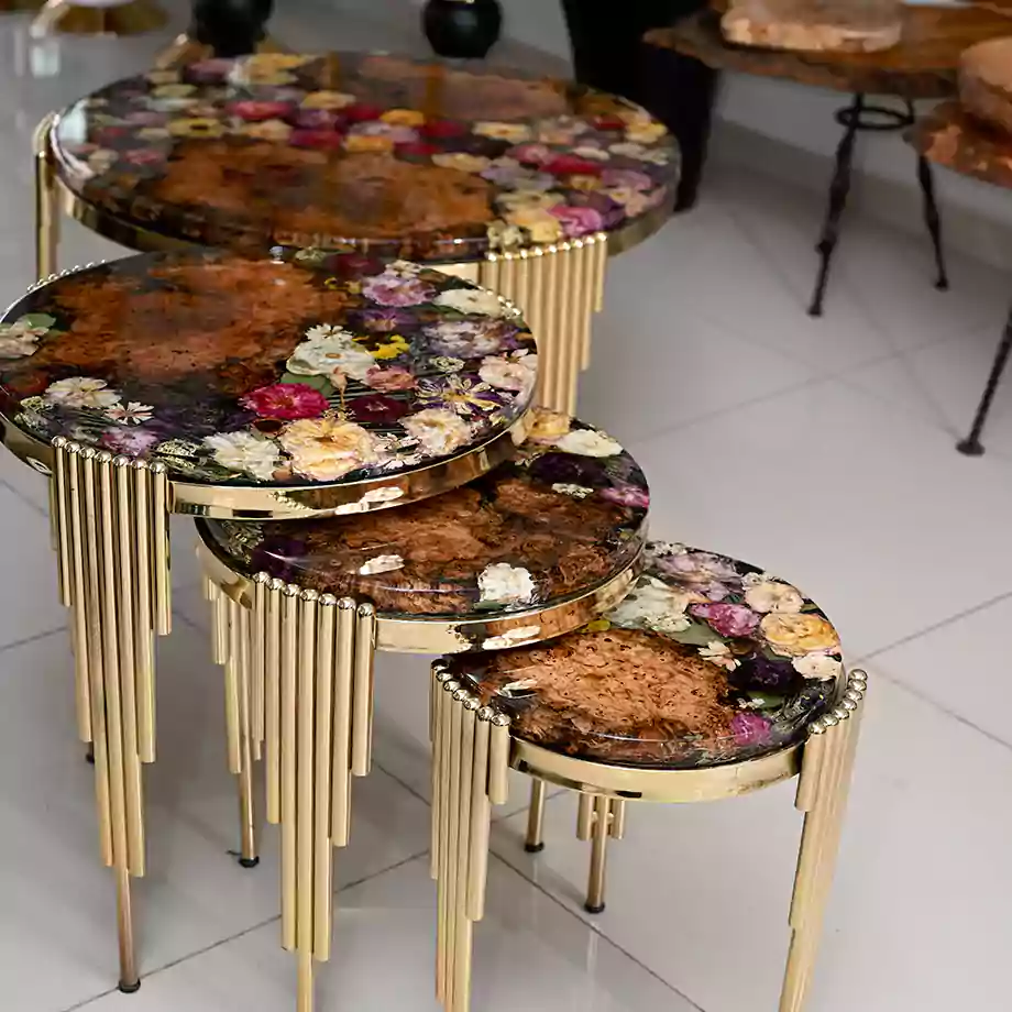 Gold Ayaklı Epoksi Zigon Sehpa Seti - Görsel 3